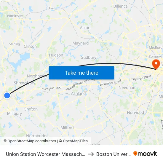 Union Station Worcester Massachusetts to Boston University map