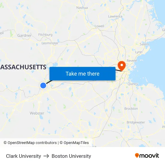 Clark University to Boston University map