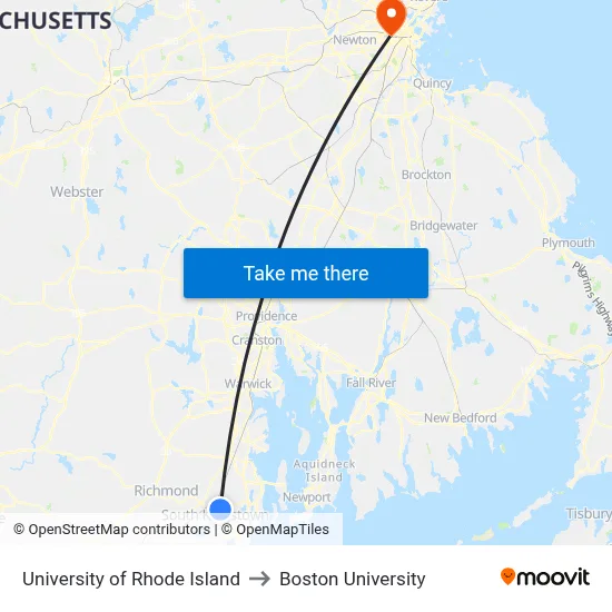 University of Rhode Island to Boston University map