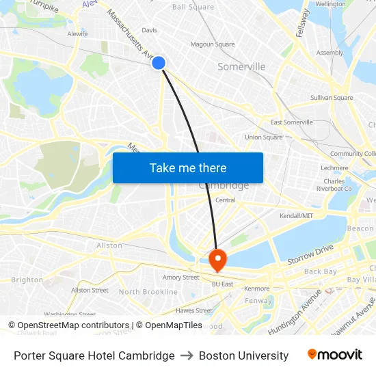 Porter Square Hotel Cambridge to Boston University map