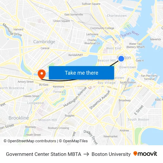 Government Center Station MBTA to Boston University map