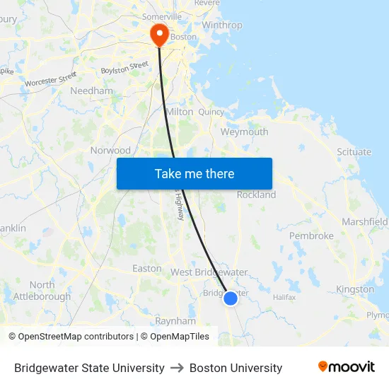 Bridgewater State University to Boston University map
