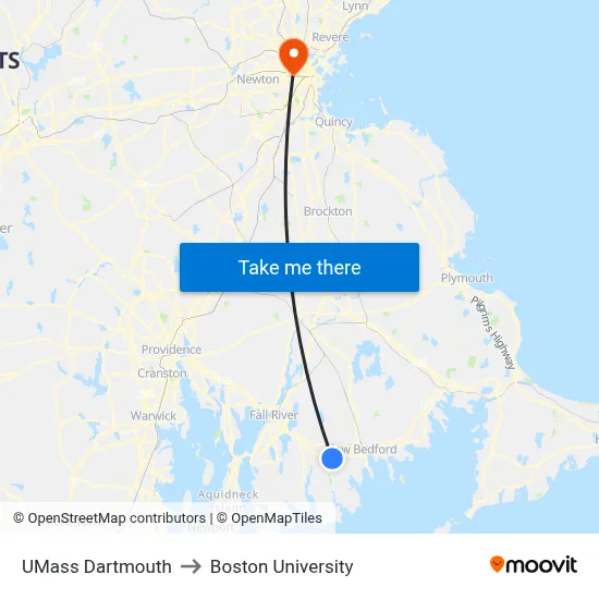 UMass Dartmouth to Boston University map