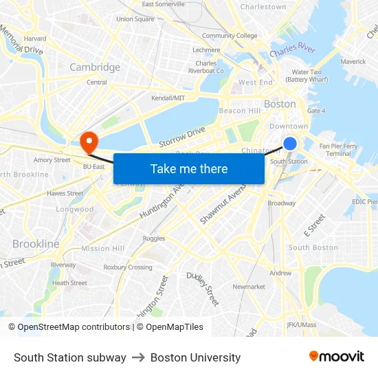 South Station subway to Boston University map
