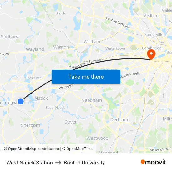 West Natick Station to Boston University map