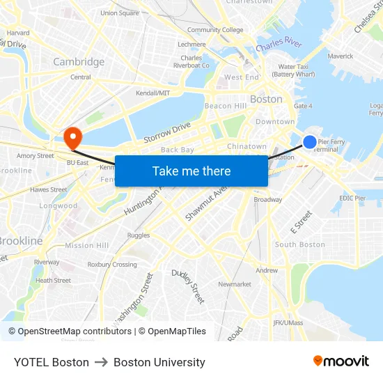 YOTEL Boston to Boston University map