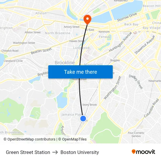 Green Street Station to Boston University map