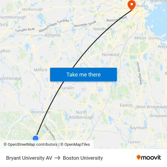 Bryant University AV to Boston University map