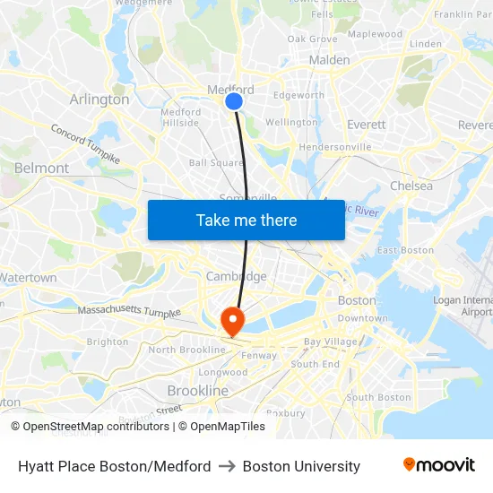 Hyatt Place Boston/Medford to Boston University map