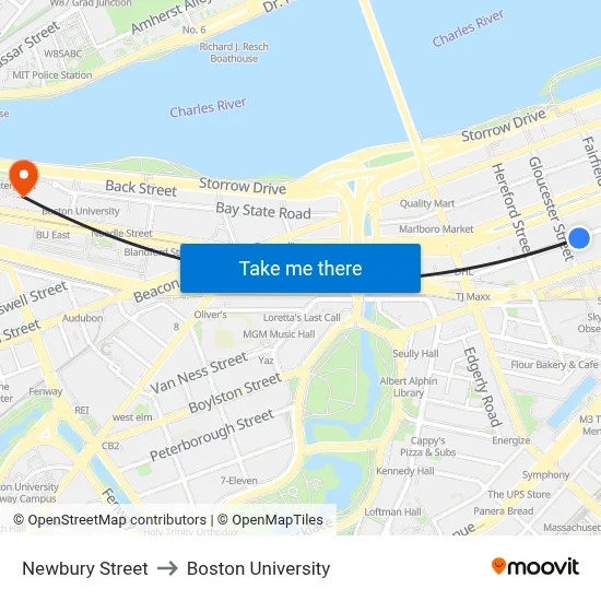 Newbury Street to Boston University map