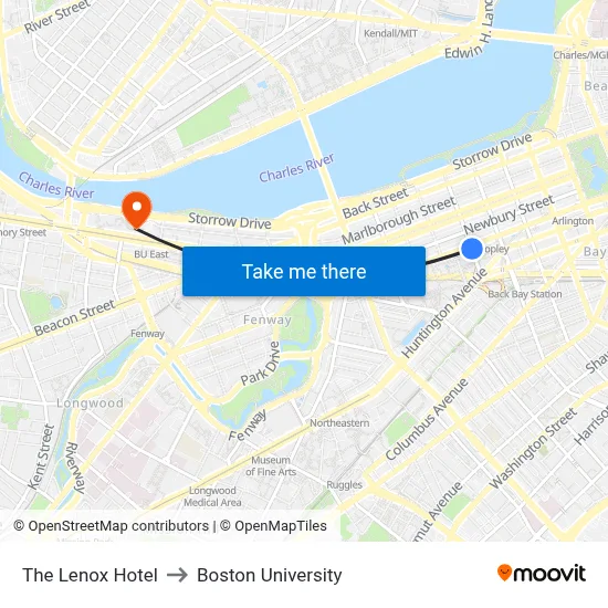 The Lenox Hotel to Boston University map