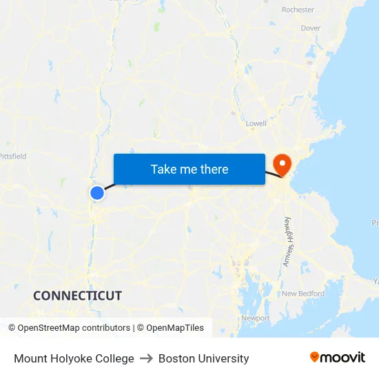 Mount Holyoke College to Boston University map
