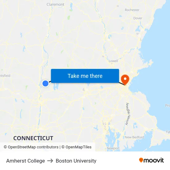 Amherst College to Boston University map