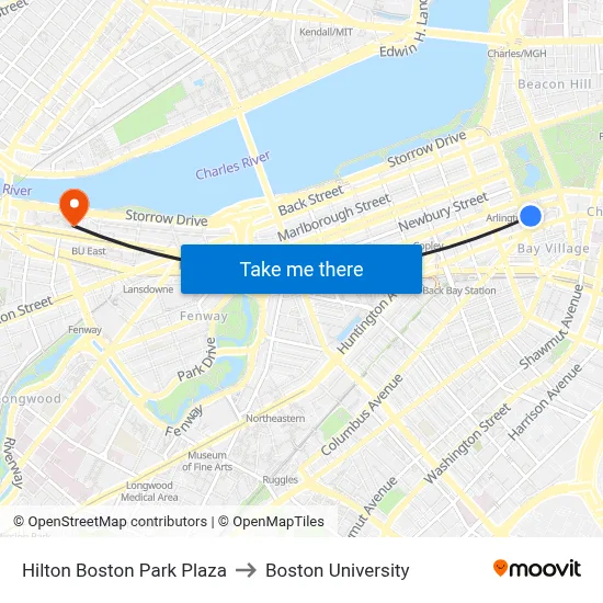 Hilton Boston Park Plaza to Boston University map