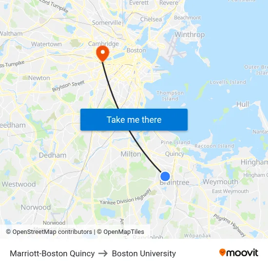 Marriott-Boston Quincy to Boston University map