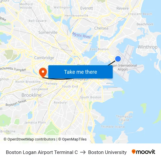 Boston Logan Airport Terminal C to Boston University map