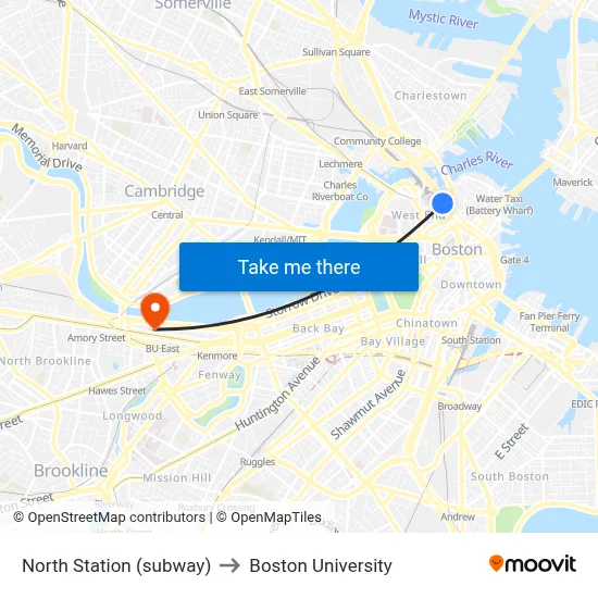 North Station (subway) to Boston University map