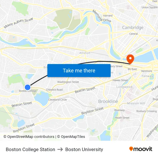 Boston College Station to Boston University map