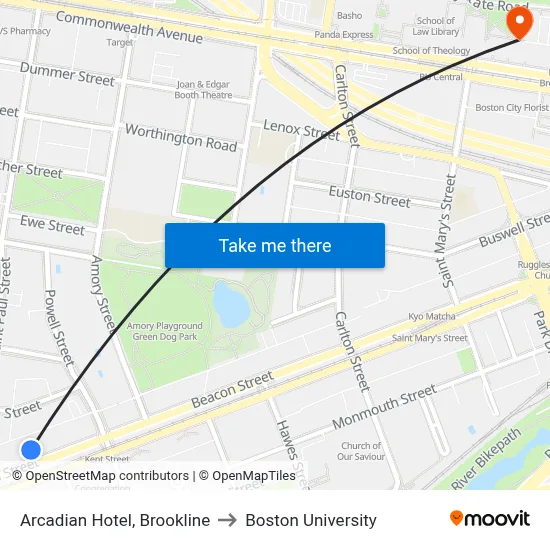 Arcadian Hotel, Brookline to Boston University map