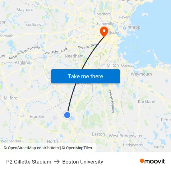 P2-Gillette Stadium to Boston University map