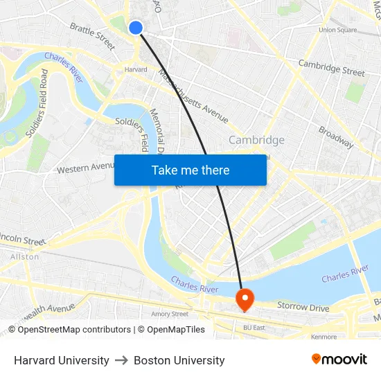 Harvard University to Boston University map