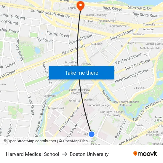 Harvard Medical School to Boston University map