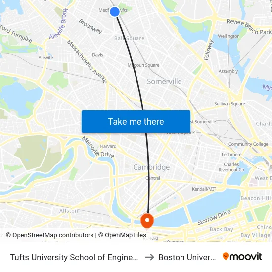 Tufts University School of Engineering to Boston University map