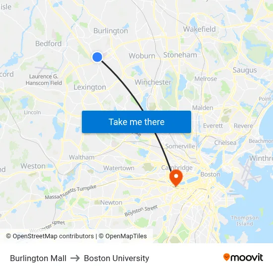 Burlington Mall to Boston University map
