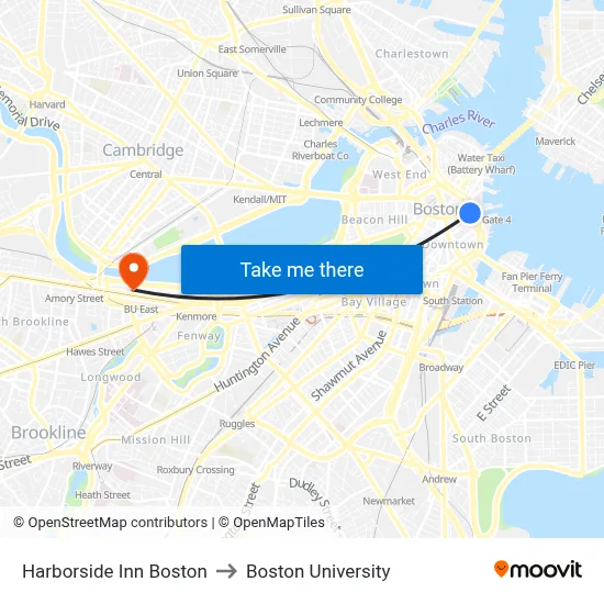 Harborside Inn Boston, 185 State St to Boston University map