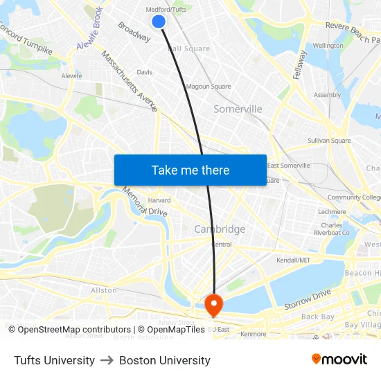 Tufts University, 40 Talbot Ave to Boston University map