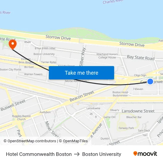 Hotel Commonwealth Boston to Boston University map