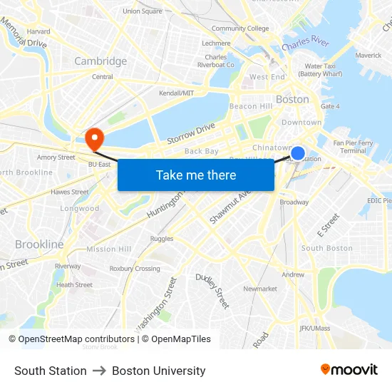 South Station to Boston University map