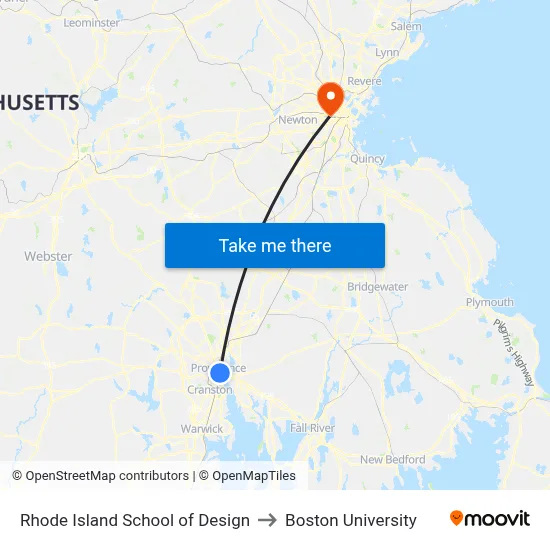 Rhode Island School of Design, 2 College St to Boston University map