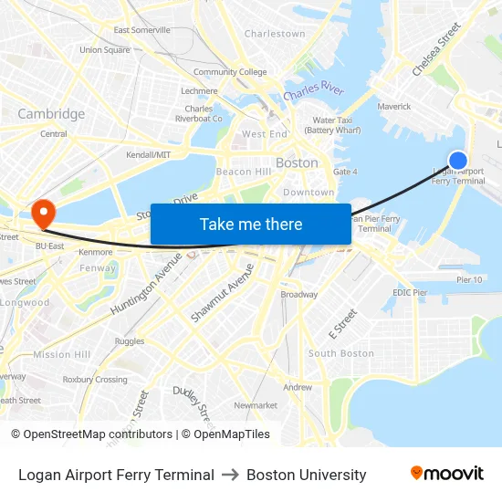 Logan Airport Ferry Terminal to Boston University map