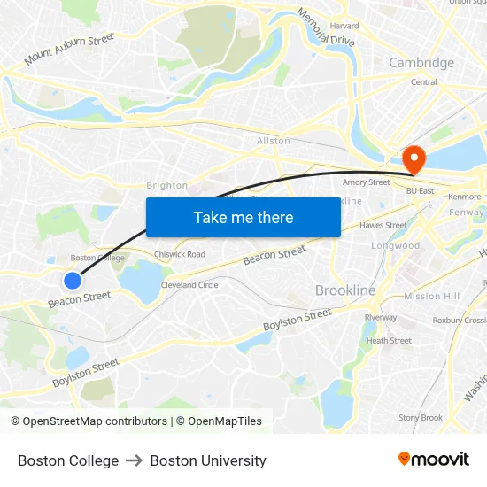 Boston College to Boston University map