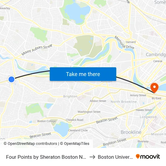 Crowne Plaza Boston Newton to Boston University map