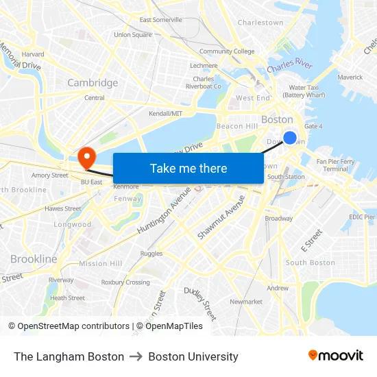 The Langham Boston to Boston University map