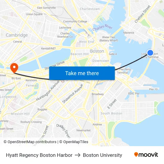 Hyatt Regency Boston Harbor to Boston University map