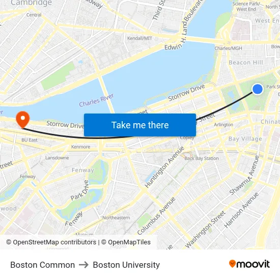 Boston Common to Boston University map
