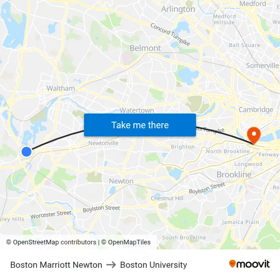 Boston Marriott Newton to Boston University map