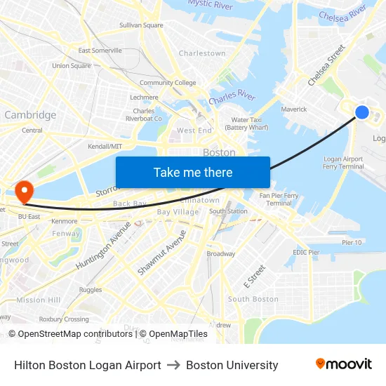 Hilton Boston Logan Airport to Boston University map