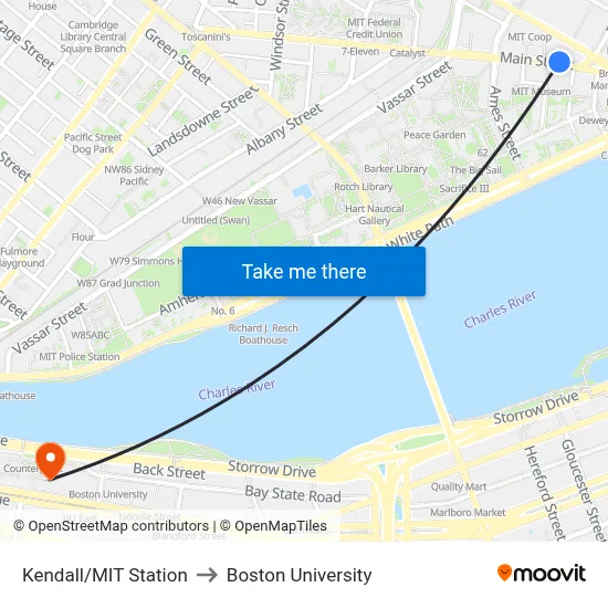 Kendall/MIT Station to Boston University map