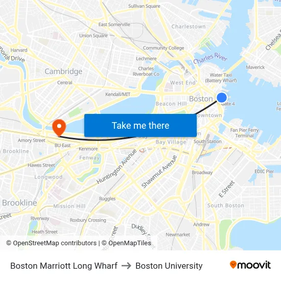 Boston Marriott Long Wharf to Boston University map