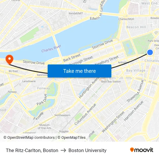 The Ritz-Carlton, Boston to Boston University map
