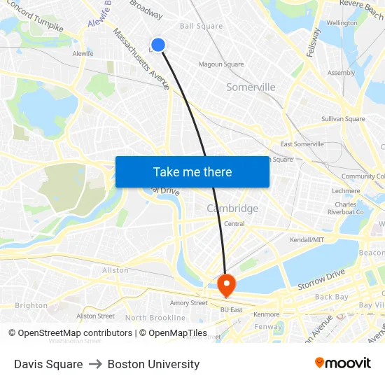 Davis Square to Boston University map