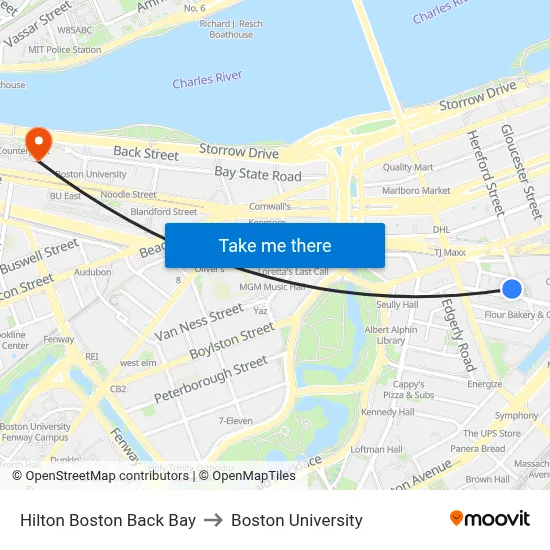 Hilton Boston Back Bay to Boston University map
