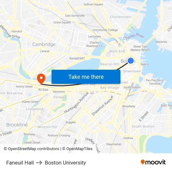 Faneuil Hall to Boston University map