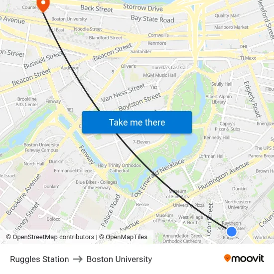 Ruggles Station to Boston University map
