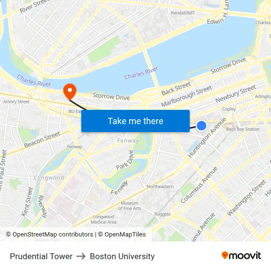 Prudential Tower to Boston University map