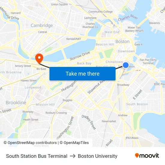 South Station Bus Terminal to Boston University map
